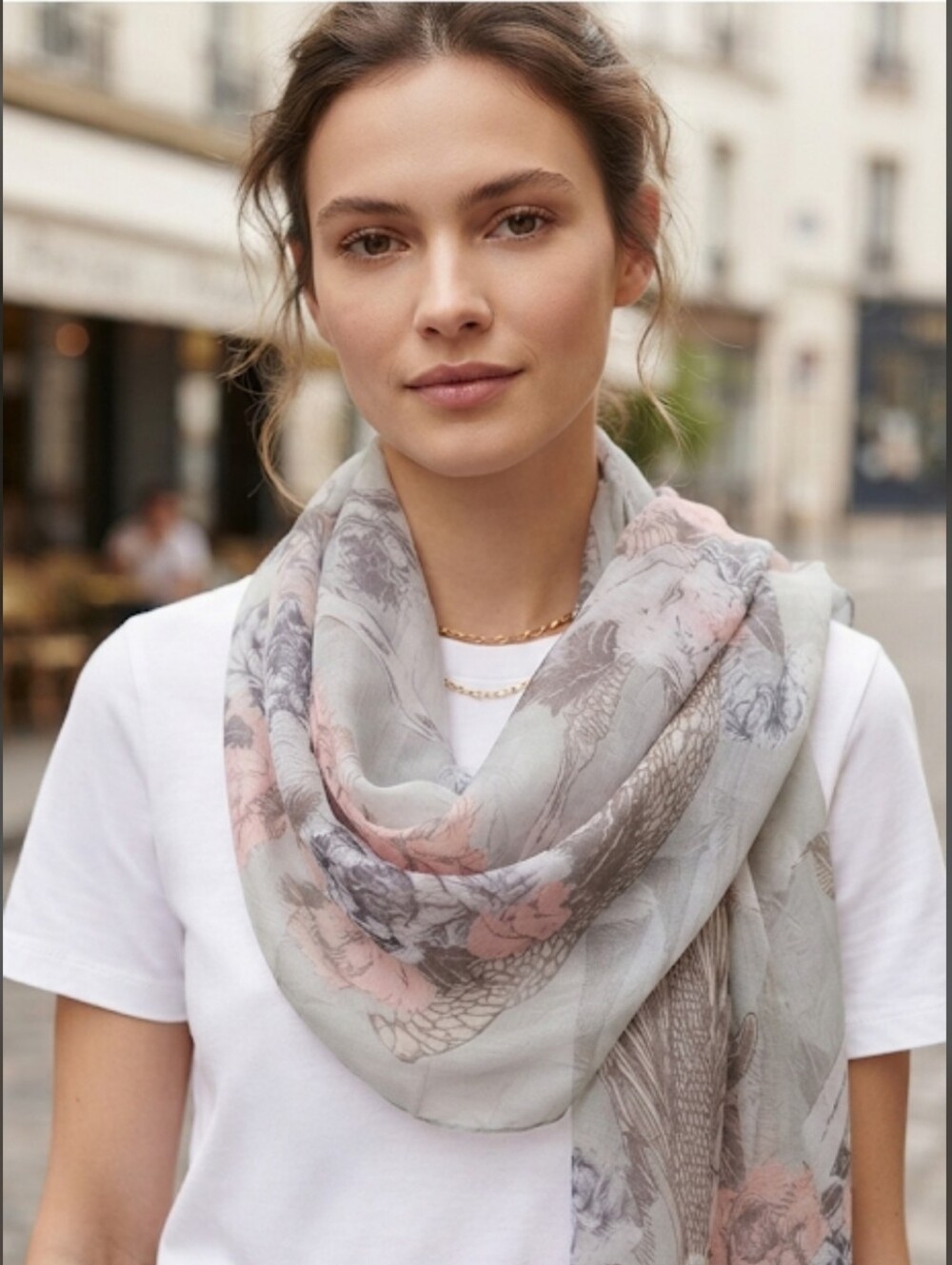Pink, Gray, & White Horse Floral Print Sheer Flowing Scarf 24" Wide x 78" Long